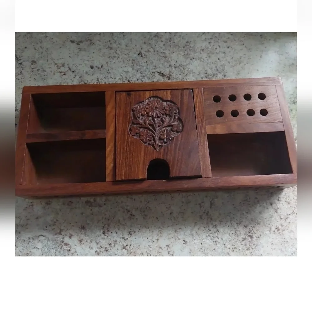 Wooden Ornate Handcarved Home Office/Room Storage Box Florals